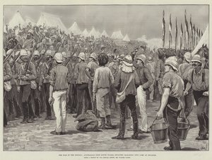 La guerra en Sudán, infantería australiana (Nueva Gales del Sur) marchando al campamento en Souakim